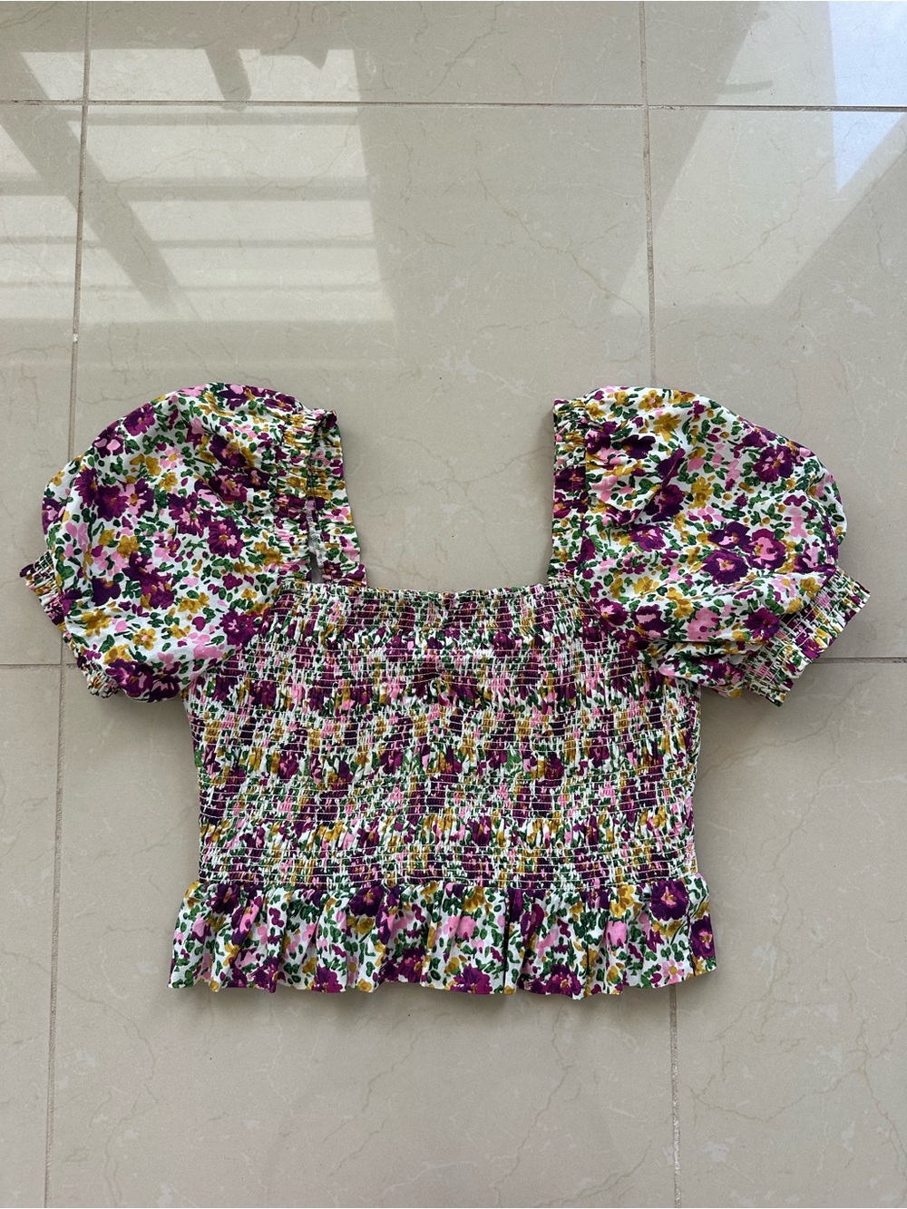 Endless Rose Floral Multi Color Puff Sleeve Cropped Top (L)
